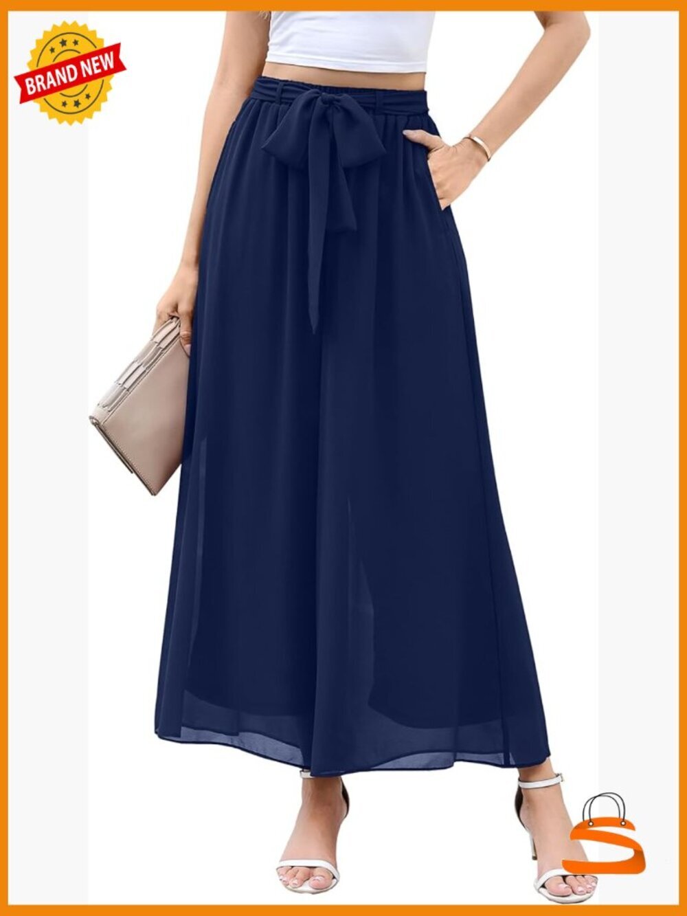 Wide Leg Chiffon Dress Pants Elastic Waist Palazzo Trousers Pockets